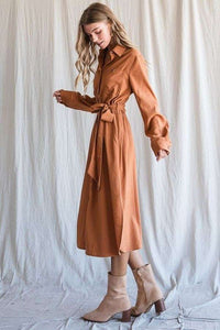 SOLID BUTTON DOWN BELTED LONG DRESS - Happily Ever Atchison Shop Co.