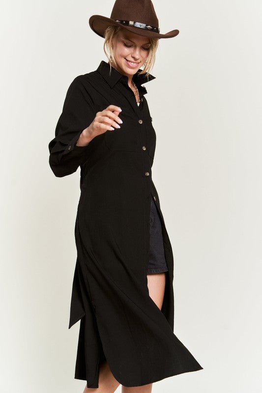 SOLID BUTTON DOWN BELTED LONG DRESS - Happily Ever Atchison Shop Co.