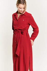 SOLID BUTTON DOWN BELTED LONG DRESS - Happily Ever Atchison Shop Co.