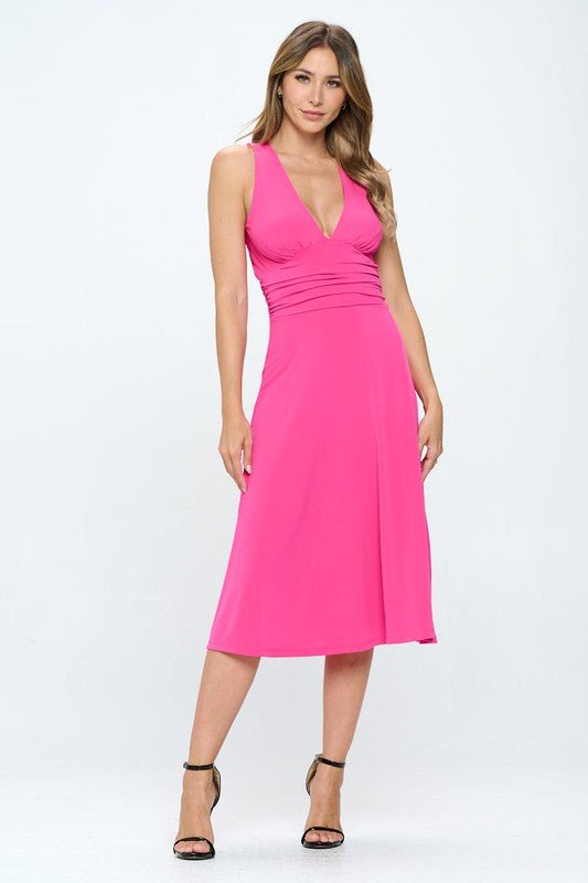 Solid Deep V Neck Lined Dress with Slit - Happily Ever Atchison Shop Co.