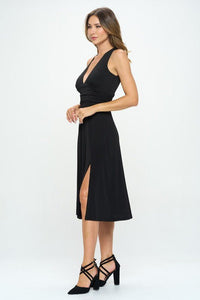 Solid Deep V Neck Lined Dress with Slit - Happily Ever Atchison Shop Co.