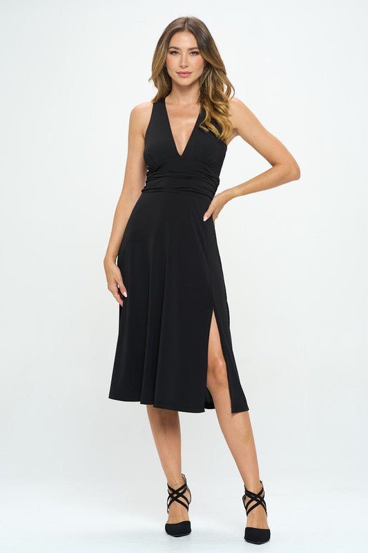 Solid Deep V Neck Lined Dress with Slit - Happily Ever Atchison Shop Co.