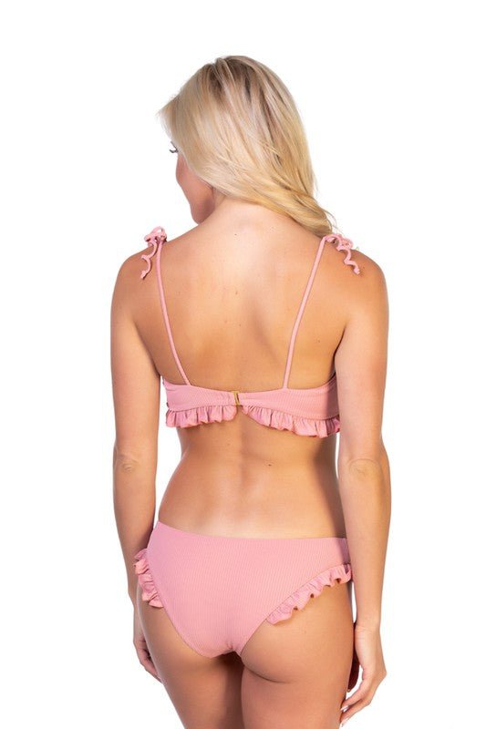 SOLID RIBBED PINK RUFFLED BIKINI SET - Happily Ever Atchison Shop Co.