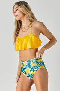 Solid Ruffle Top And Printed Bottom Swimsuit - Happily Ever Atchison Shop Co.