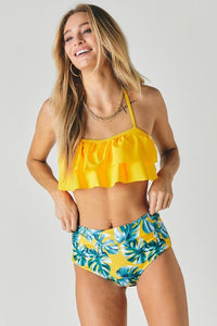 Solid Ruffle Top And Printed Bottom Swimsuit - Happily Ever Atchison Shop Co.