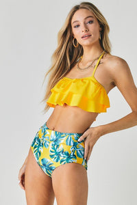 Solid Ruffle Top And Printed Bottom Swimsuit - Happily Ever Atchison Shop Co.