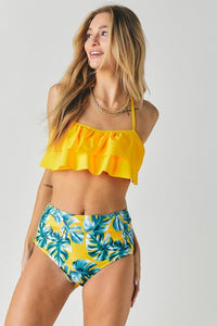 Solid Ruffle Top And Printed Bottom Swimsuit - Happily Ever Atchison Shop Co.