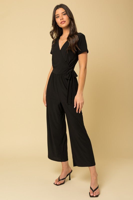 Solid Surplice Cropped Jumpsuit with Faux Wrap - Happily Ever Atchison Shop Co.