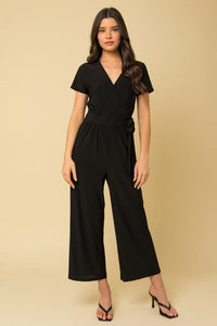 Solid Surplice Cropped Jumpsuit with Faux Wrap - Happily Ever Atchison Shop Co.