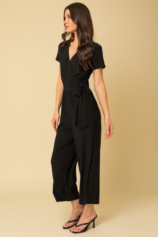 Solid Surplice Cropped Jumpsuit with Faux Wrap - Happily Ever Atchison Shop Co.