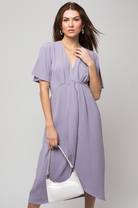 Solid V - Neck Midi Dress W - Front Knot - Happily Ever Atchison Shop Co.