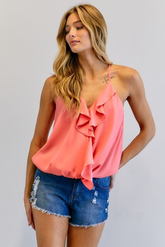 Solid V - Neck Sleeveless Ruffle Top - Happily Ever Atchison Shop Co.