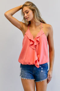 Solid V - Neck Sleeveless Ruffle Top - Happily Ever Atchison Shop Co.