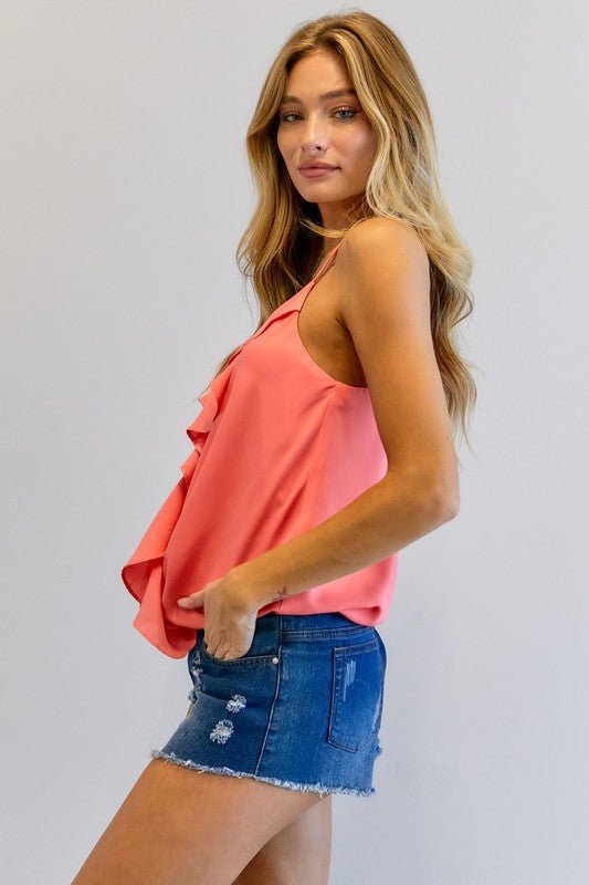 Solid V - Neck Sleeveless Ruffle Top - Happily Ever Atchison Shop Co.
