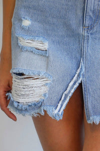 Split Middle Ripped Raw Hem Denim Skirt - Happily Ever Atchison Shop Co.