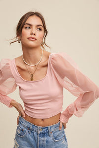 Square Neck Mesh Puff Sleeve Knit Top - Happily Ever Atchison Shop Co.