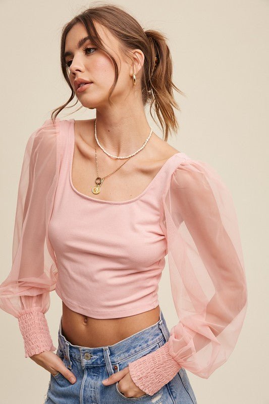 Square Neck Mesh Puff Sleeve Knit Top - Happily Ever Atchison Shop Co.