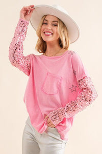 Star Printed Shoulder Sequin SLV Top - Happily Ever Atchison Shop Co.