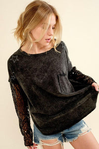 Star Printed Shoulder Sequin SLV Top - Happily Ever Atchison Shop Co.