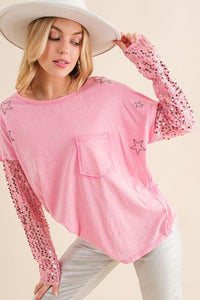 Star Printed Shoulder Sequin SLV Top - Happily Ever Atchison Shop Co.