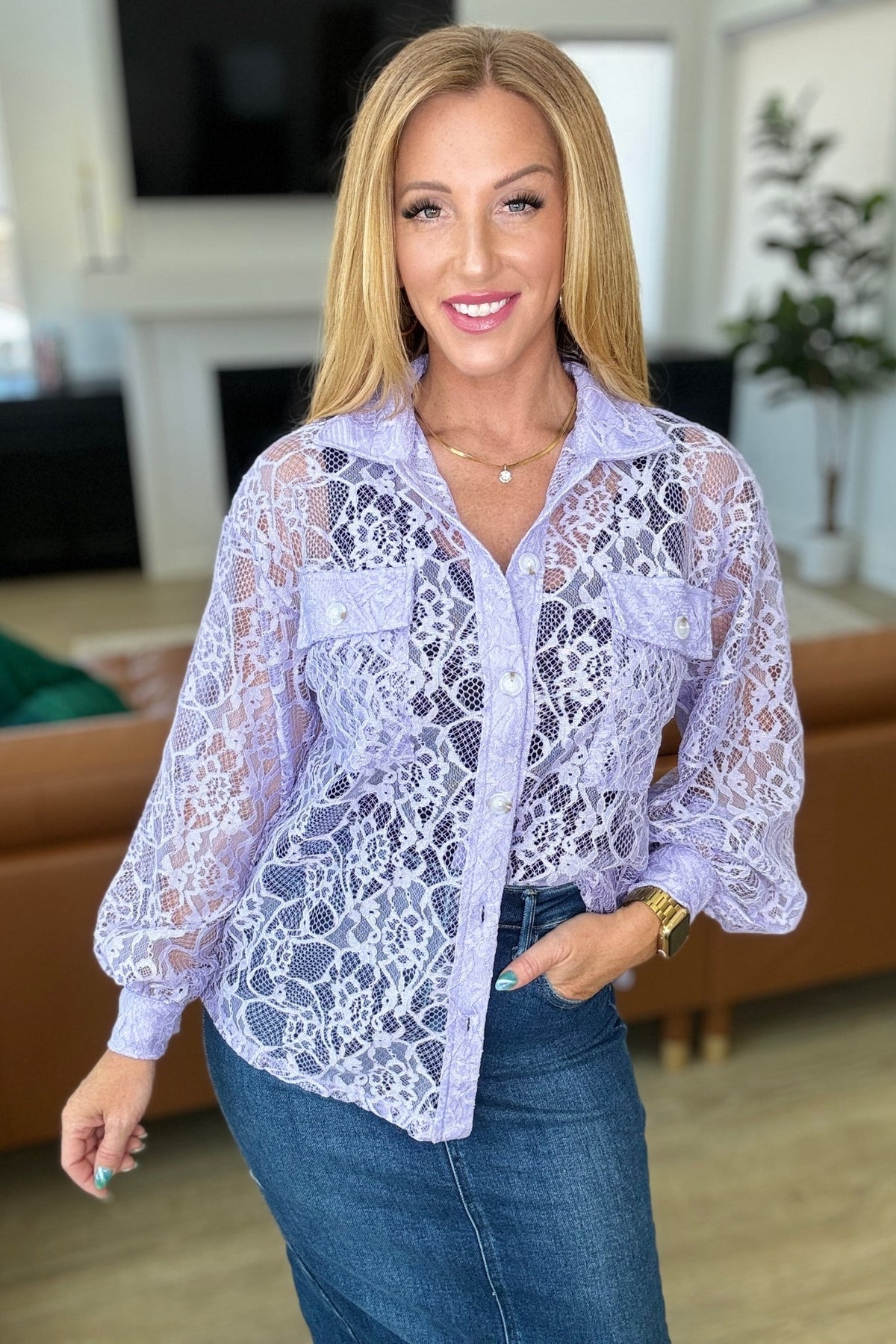 Stick Together Lace Button Up in Lavender - Happily Ever Atchison Shop Co.