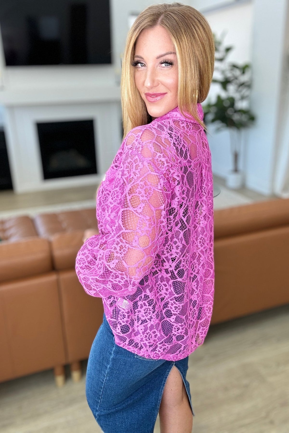 Stick Together Lace Button Up in Magenta - Happily Ever Atchison Shop Co.