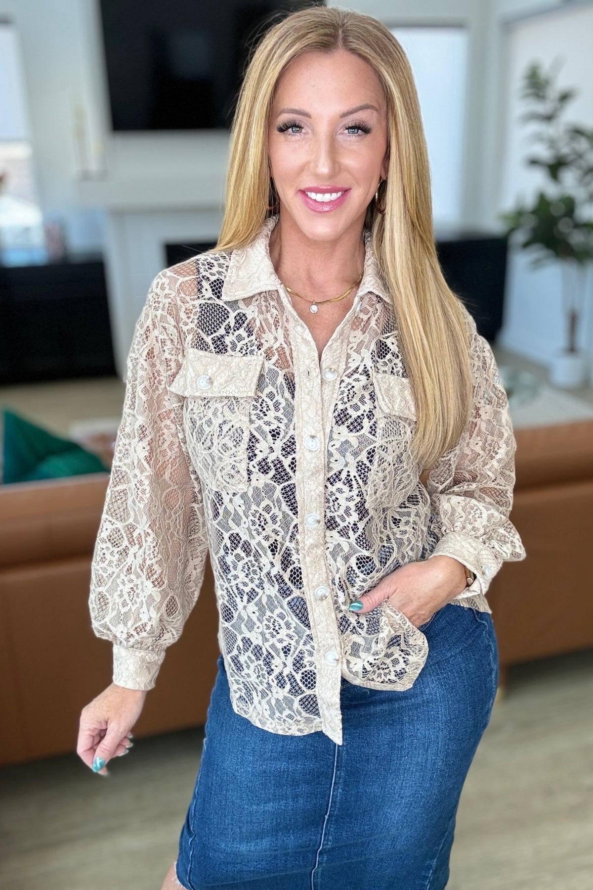 Stick Together Lace Button Up in Taupe - Happily Ever Atchison Shop Co.