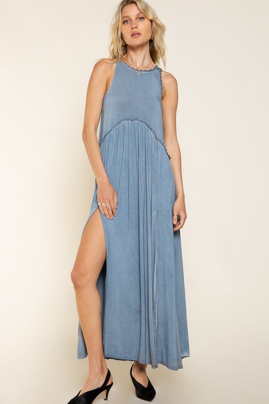 Stone Washed Side Slit Cut Out Maxi Dress - Happily Ever Atchison Shop Co.