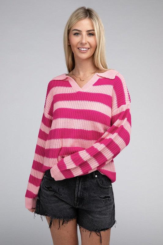 Striped Knit Collared Pullover Sweater - Happily Ever Atchison Shop Co.