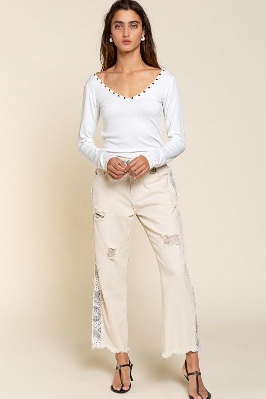 Studded Ribbed V - Neck Top - Happily Ever Atchison Shop Co.