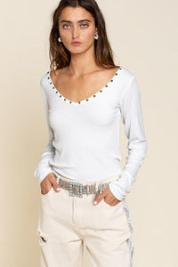 Studded Ribbed V - Neck Top - Happily Ever Atchison Shop Co.