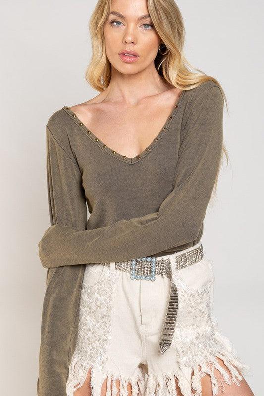 Studded Ribbed V - Neck Top - Happily Ever Atchison Shop Co.