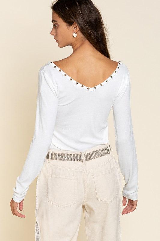 Studded Ribbed V - Neck Top - Happily Ever Atchison Shop Co.