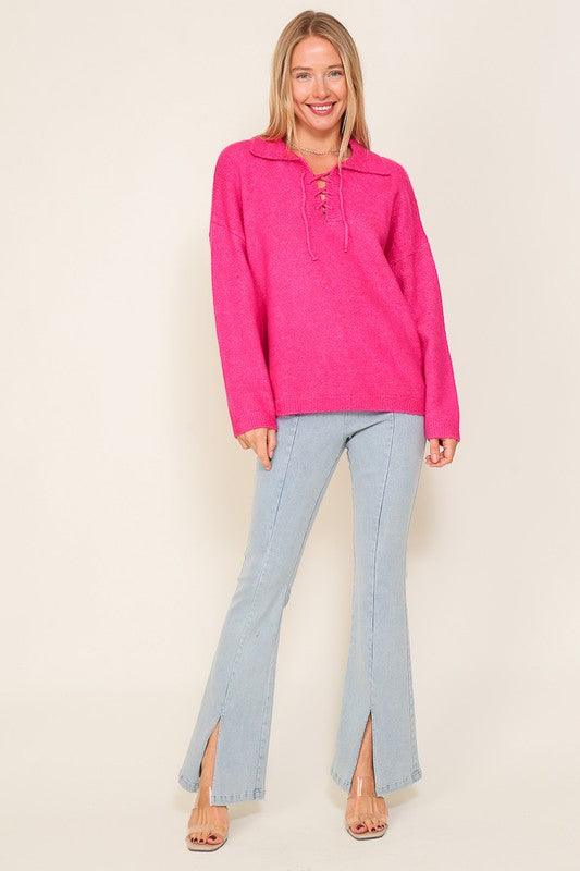 Sweater Top with V - Shape Criss Cross Tie Neck - Happily Ever Atchison Shop Co.