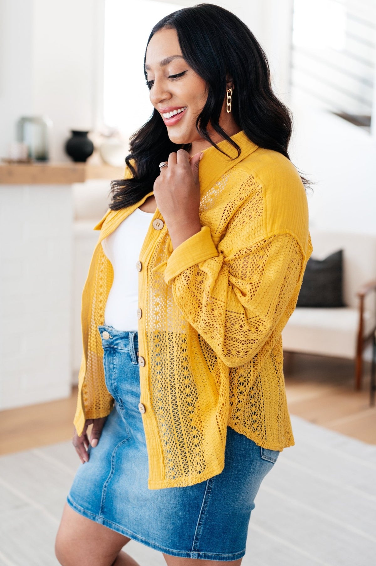 Sweeter Than Nectar Lace Button Down in Honey - Happily Ever Atchison Shop Co.