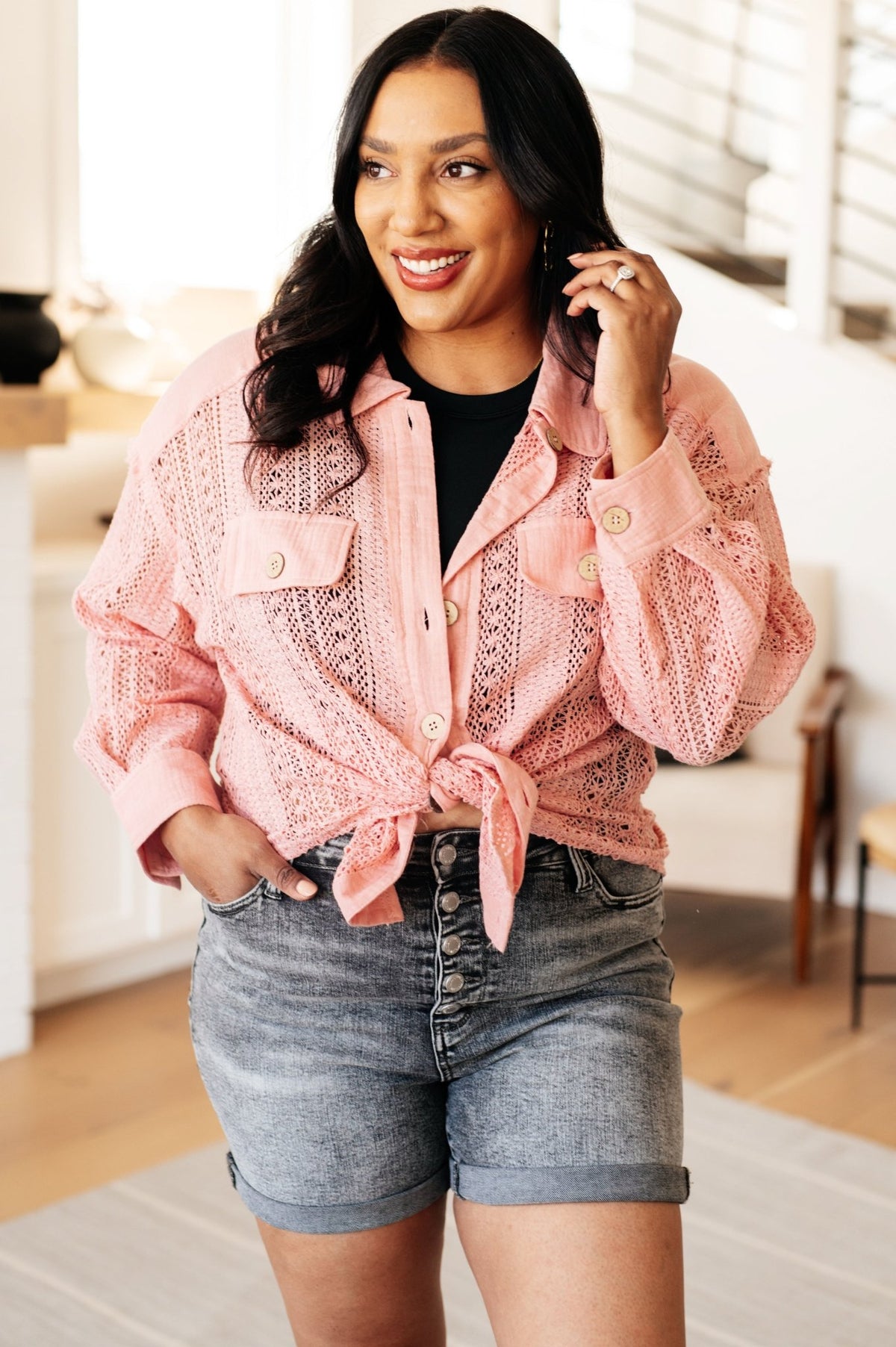Sweeter Than Nectar Lace Button Down in Rose - Happily Ever Atchison Shop Co.
