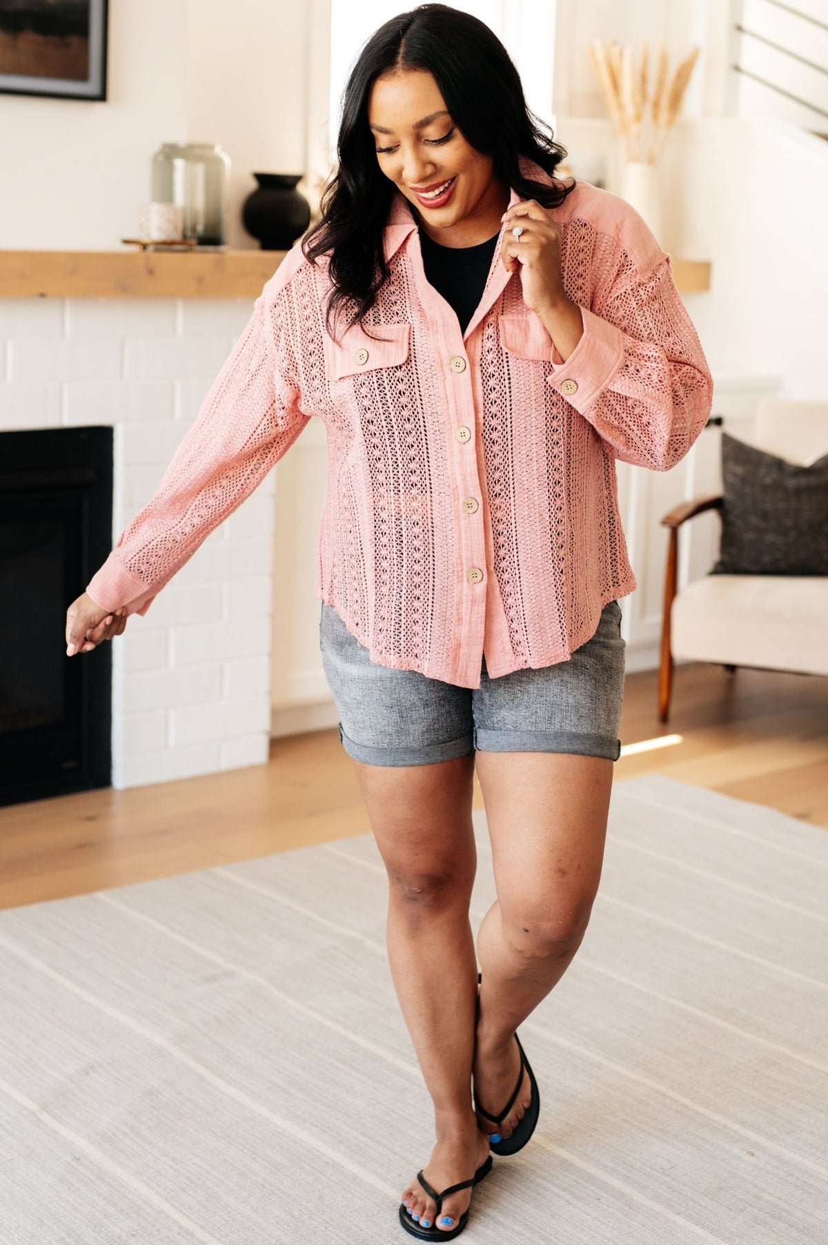 Sweeter Than Nectar Lace Button Down in Rose - Happily Ever Atchison Shop Co.