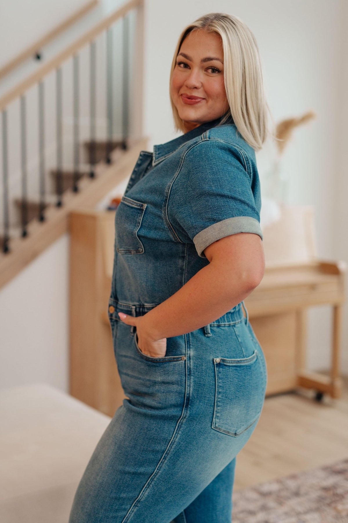 Sylvia Short Sleeve Denim Jumpsuit - Happily Ever Atchison Shop Co.