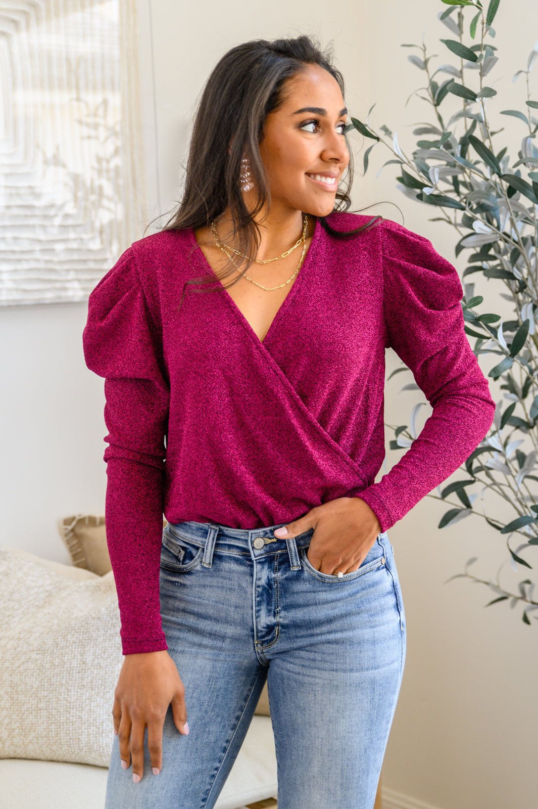 Take Me Out Faux Wrap Bodysuit In Magenta - Happily Ever Atchison Shop Co.