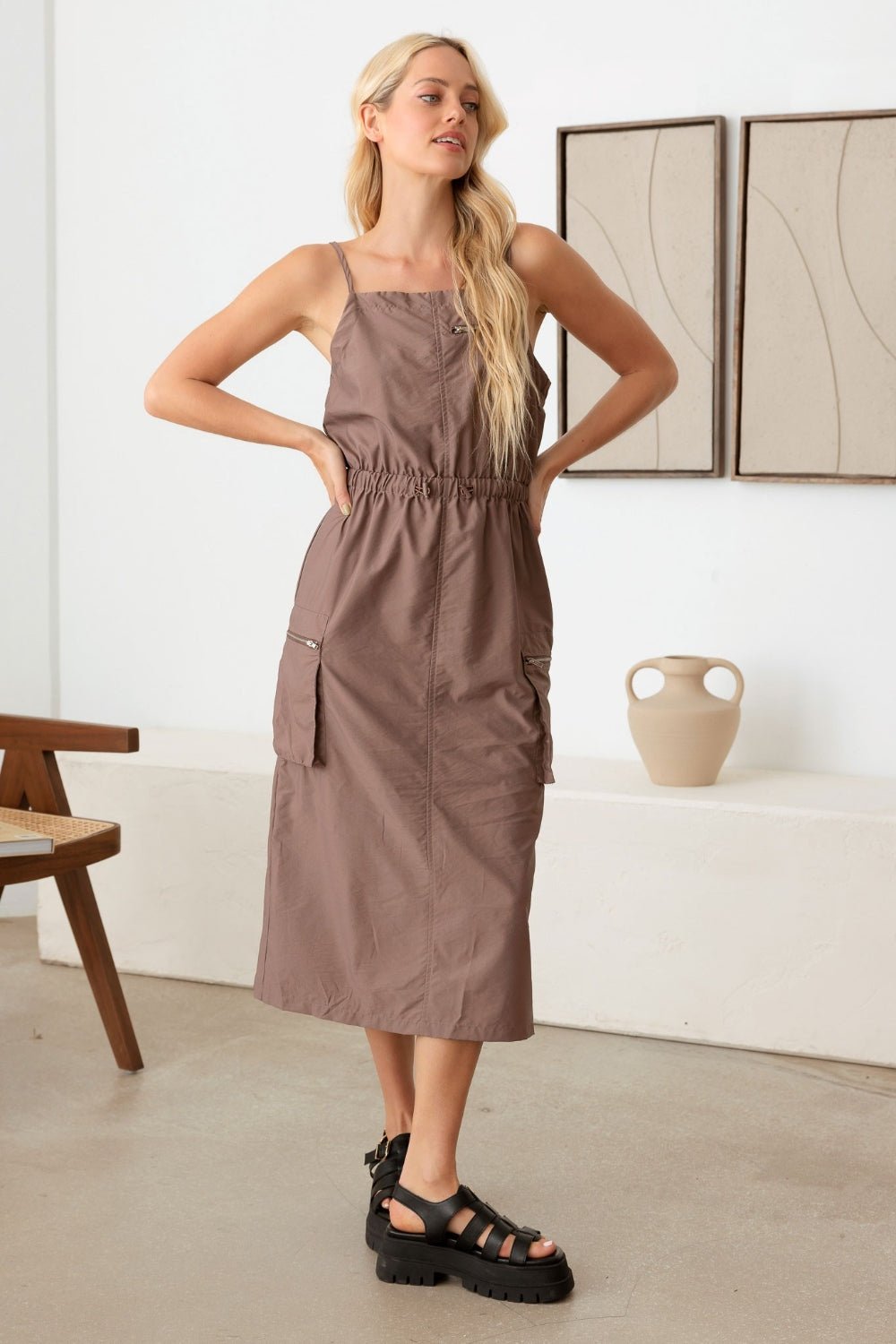 Tasha Apparel Adjustable Strap Waist Drawstring Cargo Midi Dress - Happily Ever Atchison Shop Co.