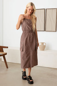 Tasha Apparel Adjustable Strap Waist Drawstring Cargo Midi Dress - Happily Ever Atchison Shop Co.