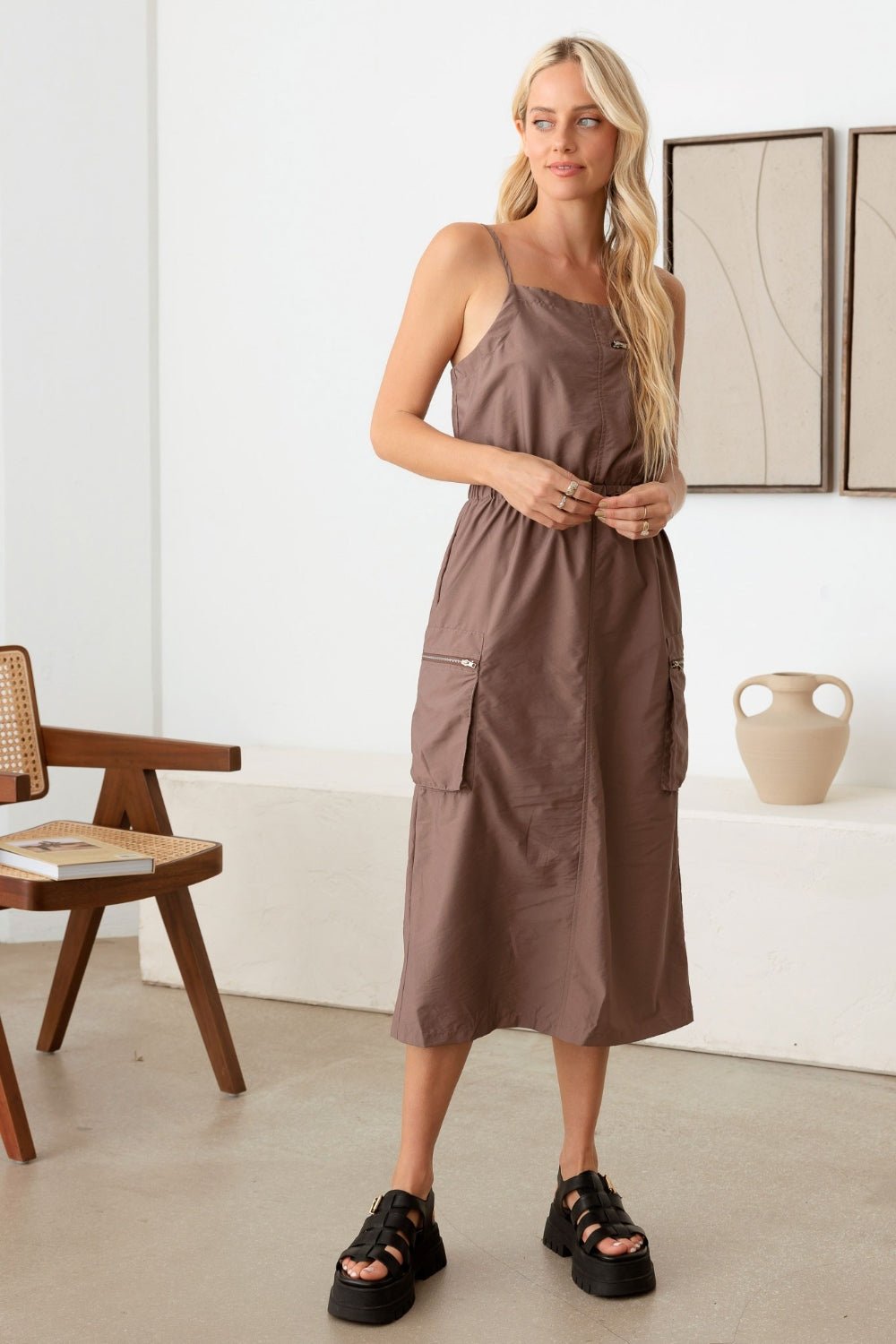 Tasha Apparel Adjustable Strap Waist Drawstring Cargo Midi Dress - Happily Ever Atchison Shop Co.