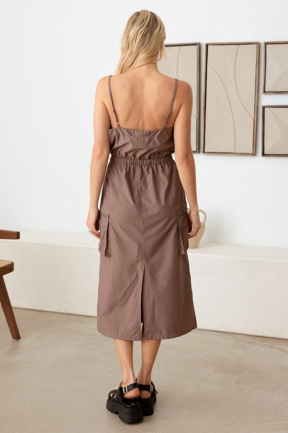 Tasha Apparel Adjustable Strap Waist Drawstring Cargo Midi Dress - Happily Ever Atchison Shop Co.