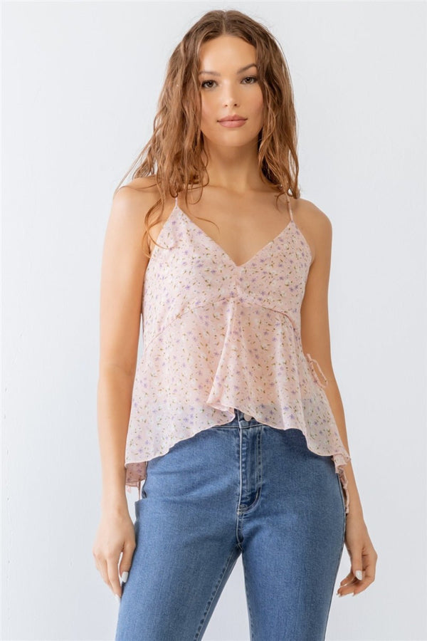 Tasha Apparel Floral Print V - Neck Criss - Cross Back Flare Tank Top - Happily Ever Atchison Shop Co.