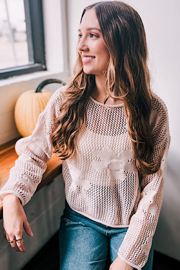 Taylor Tan Crochet Floral Sweater - Happily Ever Atchison Shop Co.