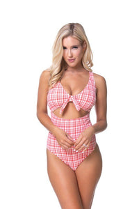 TEEXTURED PLAID CUTOUT ONE PIECE SWIMSUIT - Happily Ever Atchison Shop Co.