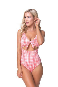 TEEXTURED PLAID CUTOUT ONE PIECE SWIMSUIT - Happily Ever Atchison Shop Co.