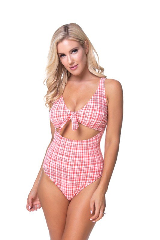 TEEXTURED PLAID CUTOUT ONE PIECE SWIMSUIT - Happily Ever Atchison Shop Co.