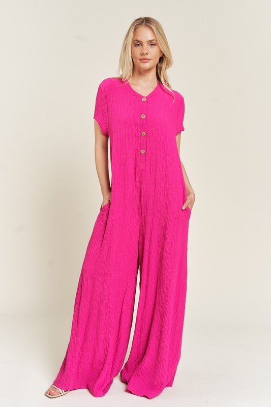 TEXTURED SHORT SLEEVE JUMPSUIT - Happily Ever Atchison Shop Co.