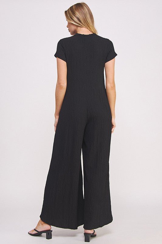 TEXTURED SHORT SLEEVE JUMPSUIT - Happily Ever Atchison Shop Co.